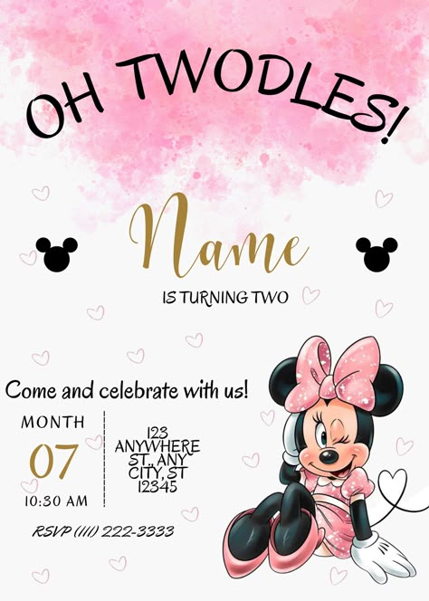 Create a truly unique and memorable event invitation with our personalized digital invitation template on Canva! Edit our Watercolour Minnie Mouse invitation and be ready to celebrate! Minnie Mouse Invitation Card, Minnie Mouse Invitations 2nd Birthday, Minnie Mouse Invitations 1st Birthday, Minnie 2nd Birthday Party, Oh Twodles Invitations, Minnie Mouse Birthday Party Ideas 2nd, Minnie Mouse Invitation Template, Birthday Ideas For Kids, Minnie Invitations