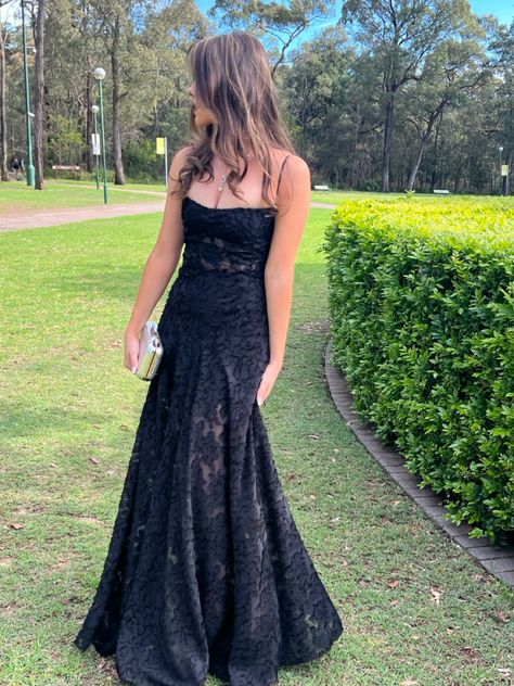 Black Lace Dress Prom, Grad Dinner Dress, Black Cottage Core Prom Dress, Black Prom Dress Flowers, Midnight Garden Theme Prom Dresses, Black Floral Prom Dress, Black Spring Prom Corset Dress, Prom Dress House Of Cb, Embroidered Prom Dress