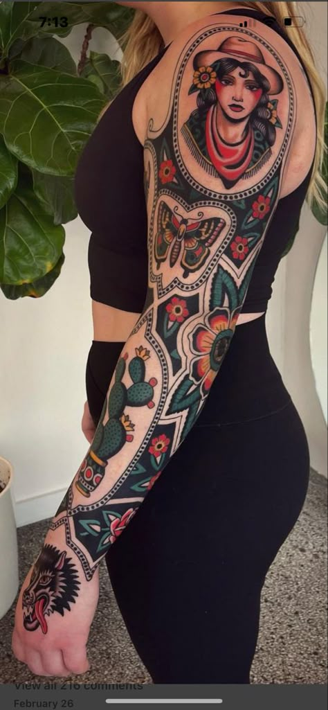 American Traditional Sleeve, Traditional Tattoo Woman, Backpiece Tattoo, Traditional Tattoo Inspiration, Traditional Style Tattoo, Traditional Sleeve, Western Tattoos, Traditional Tattoo Sleeve, Sleeve Tattoo Ideas