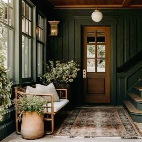 Modern Moody Victorian Home, Moody Southern Interior, Earthy Moody Home, Moody Front Entry, Dark And Moody Entryway, Small Moody Entryway, Moody Cottage Dining Room, Moody Beach Decor, Interior Design Astethic