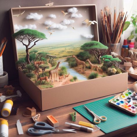 Diorama Animal Habitat, How To Make Diorama, Forest Diorama Shoebox School Projects, Forest Model School Project, Habitat Diorama Ideas For Kids, Diorama Ideas Diy, Shoebox Habitat, Savanna Diorama, School Diorama