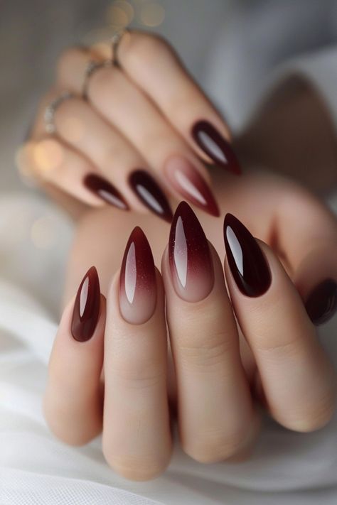 17 Ombre Nail Ideas That Are Gorgeous Classy Nails Ombre Simple, Trendy Metallic Nails, Transparent Nails Ideas, Smokey Tip Nails, Boho Nails Almond Shape, Ombré Gel X Nails, Fall Modern Nails, Burgundy Ombre Nail Ideas, Nails For Fall Wedding Bridesmaid