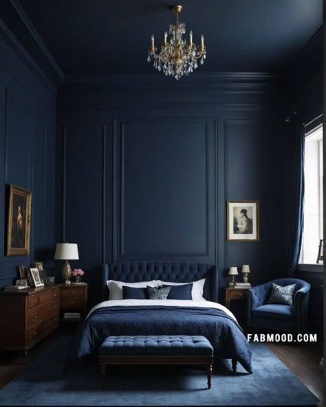 High Gloss Paint Bedroom, Light Blue Moody Bedroom, High Ceiling Bedroom Paint Ideas, Dark Blue Walls And Ceiling, Very Navy Behr Paint Bedroom, Royal Blue And Gray Bedroom, Dark Ceiling Paint Ideas, Dark Color Bedroom Ideas Paint Colours, Color Drenched Blue Bedroom