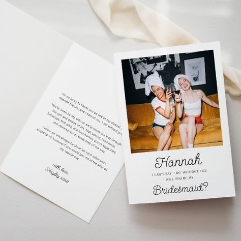 Photo Bridesmaid Proposal Folded Card | Zazzle Small Simple Bridesmaid Proposal, Bridesmaid Ask Card, Designer Bridesmaid Proposal, Cute Ways To Ask Bridesmaids, Bridesmaid Asking Ideas, Bridesmaid Proposal Ideas Unique, Bridesmaids Invitation, Ask Bridesmaids To Be In Wedding, Bridal Party Proposal Ideas