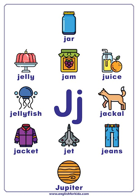 Letter J Worksheets, Flash Cards, Coloring Pages. English alphabet for kids. Letter J words. #ESL #ABC J Words Preschool, Letter J Flashcards, Alphabet Words Worksheet, J Is For, Letter J Worksheets Preschool, Word Family Worksheets Free, J Worksheet, Preschool Alphabet Letters, J Alphabet