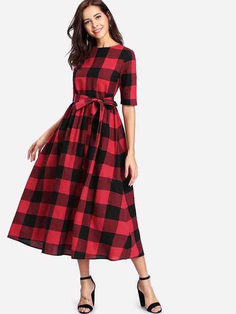 Buttoned Keyhole Self Tie Checkered Dress -SheIn(Sheinside) Knee Length Wedding Dress, Tea Length Dress, Casual Sundress, Frock For Women, Checkered Dress, Half Sleeve Dresses, Stylish Dresses For Girls, Pencil Skirts, Tea Length Dresses