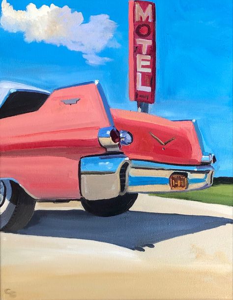 50s Painting Vintage, 50s Painting Ideas, Aesthetic Car Painting, Car Canvas Art, Retro Car Painting, Vintage Car Painting Canvas, Retro Things To Paint, Car Painting Acrylic Easy, Retro Acrylic Painting