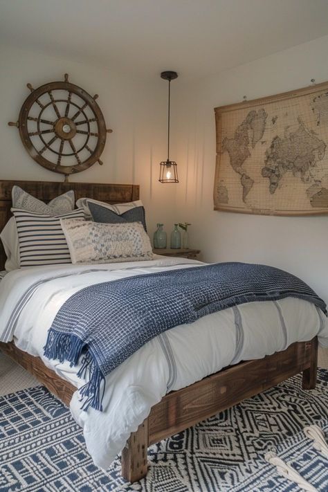 29 Boho Coastal Bedroom Ideas for a Breezy, Beachy Haven 8 Nautical Guest Room, Nautical Bedroom Master, Lake Bedroom Ideas, Lake House Bedroom Ideas, Boho Coastal Bedroom, Styling Bedroom, Lakehouse Bedroom, Coastal Bedroom Ideas, Bedding And Pillows