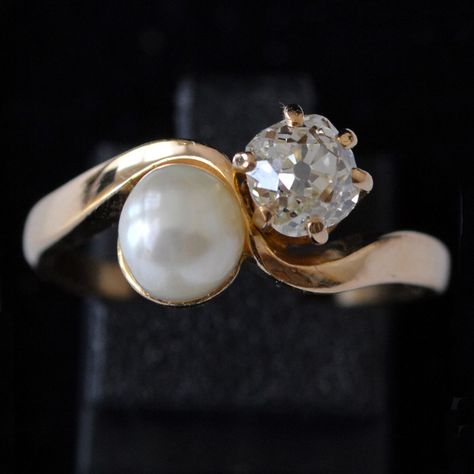 Diamond And Pearl Ring, Two Stone Ring, Pearl Wedding Ring, Pearl Engagement Ring, Cute Engagement Rings, Old Mine Cut Diamond, Pearl And Diamond Ring, Gold Ring Designs, Dream Engagement Rings