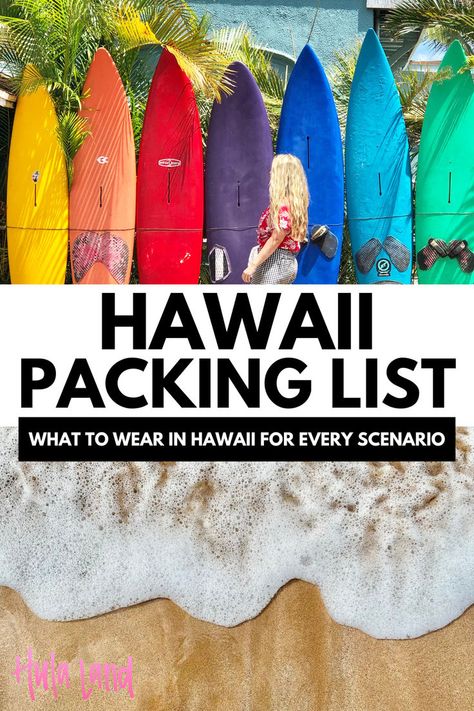 Essential Hawaii packing list with vacation outfits and tips for your Hawaii trip planning and the perfect Hawaii vacation. Beach Vacation Outfits Hawaii, How To Pack Light For Beach Vacation, Travel Essentials Hawaii, What To Wear In Kona Hawaii, What To Pack For Kauai, Surf Trip Packing List, Trip To Hawaii Outfits, Hawaii Essentials Packing, Hawaii Packing List Kids