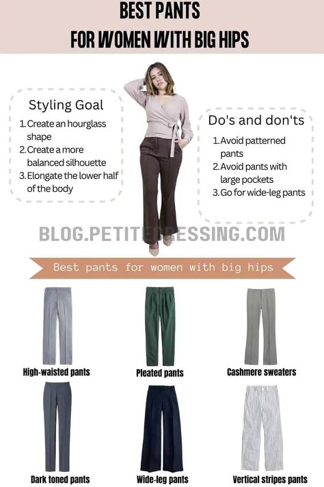 The Complete Pants Guide for Women With Big Hips Pants For Mid Size Women, Best Jeans For Wide Hips, Pants For Curvy Hips, Types Of Formal Pants Women, Fashion Outfits Big Size, Pants For Wide Hips, Pants For Heavy Thighs, Jeans For Wide Hips And Thighs, Pants For Big Hips And Thighs