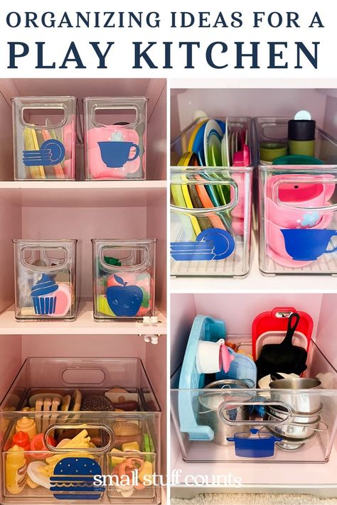 Toddler Play Kitchen Organization, Diy Play Food Storage, Kids Play Kitchen Storage, Dollar Tree Play Kitchen Accessories, Kitchen Play Area For Kids Grocery Store, Kids Kitchen Storage Ideas, Play Kitchen Organization Ideas, Playroom Kitchen Set Up, Play Kitchen Food Storage Ideas