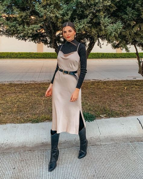 Slip Dress With Boots, Dress Western, Black Slip Dress, Western Belt, Western Belts, Western Dresses, Black Slip Ons, Dress With Boots, Silk Dress