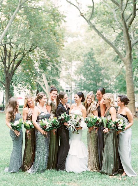 Every Bridal Party Question You've Ever Had, Answered Mismatched Green Bridesmaid Dresses, Olive Green Bridesmaid Dresses, Mix Match Bridesmaids, Olive Green Weddings, Candlelit Wedding, How Many Bridesmaids, Green Wedding Dresses, Dresses Dinner Party, Mismatched Bridesmaids