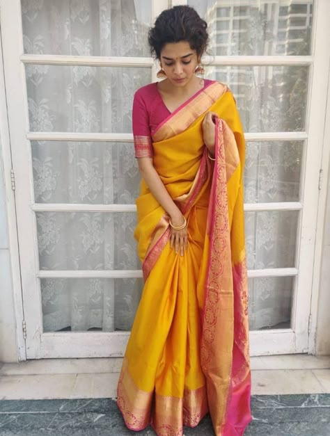 Silk Saree Look, Yellow Silk Saree, Saree Pose, Mithila Palkar, Indian Fits, Sarees For Girls, Saree Wearing Styles, Simple Saree Designs, Saree Looks