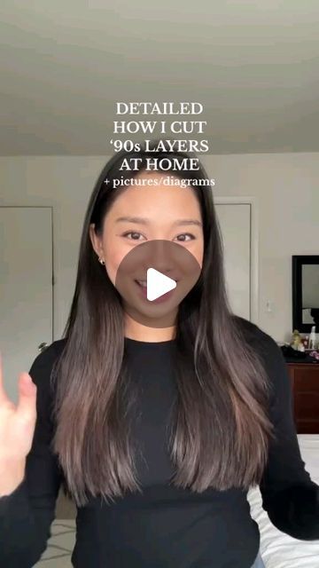 Curlyhair care  & Skincare on Instagram: "More In depth tutorial on how to cut ‘90s layers at home! :) #hairstyles #hairrollers #blowout #blowouttutorial #haircut #hairtutorial #blowoutcurls #haircuttutorial #layeredhaircut" Layers For Side Part, How To Do Layered Haircut At Home, Trim With Layers Hair, Layered Haircuts At Home, Diy Haircut Long Layers, Diy Layer Haircut, 90s Layers Shoulder Length, Disconnected Layers Haircut, Diy 90s Haircut