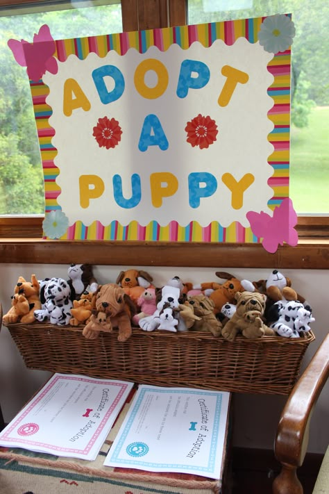 Adopt a puppy sign for a kids party with print out adoption certificates Beanie Boo Birthday Party, Adopt A Pet Party, Puppy Adoption Birthday Party, Boo Birthday Party, Pet Adoption Birthday Party, Beanie Boo Birthdays, Pet Adoption Party, Adopt A Puppy, Dog Themed Birthday Party