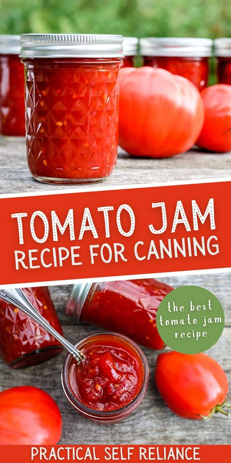 Tomato Jam Recipe for Canning: No Pectin Jam Recipes - Tomato jam canning is super simple to do and is a great way to enjoy that surplus of fresh tomatoes from the garden. Learn how to make tomato jam this summer! Plus get all my favorite tomato jam uses! tomato jam for burgers | tomato jam recipe easy | savory jam recipes | unique tomato recipes Canning Roasted Diced Tomatoes, Canning Seasoned Diced Tomatoes, Canning Recipes For Yellow Tomatoes, Canning Chopped Tomatoes, Canning Diced Tomatoes With Basil And Garlic, Canned Tomato Ideas, Tomato Ideas For Canning, Cherry Tomato Recipes For Canning, Canning Diced Tomatoes Recipes