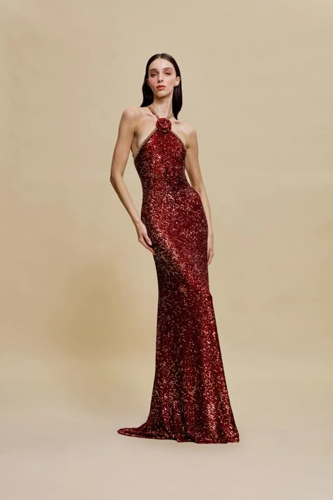 Naeem Khan Resort 2025 Collection | Vogue Flare Gown, Sequin Halter, Naeem Khan, Long Red, Beaded Trim, Kylie Jenner, Fit And Flare, Red Dress, Ball Gowns