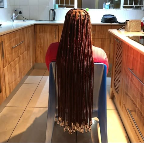 Peekaboo Knotless Braids Orange, Coloured Knotless Braids With Beads, Braids With Beads Long Hair, Small Long Knotless Braids With Beads, Colourful Knotless Braids, Long Braid With Beads, Waist Length Knotless Braids With Beads, Light Brown Knotless Braids With Beads, Long Braids With Beads Black Women