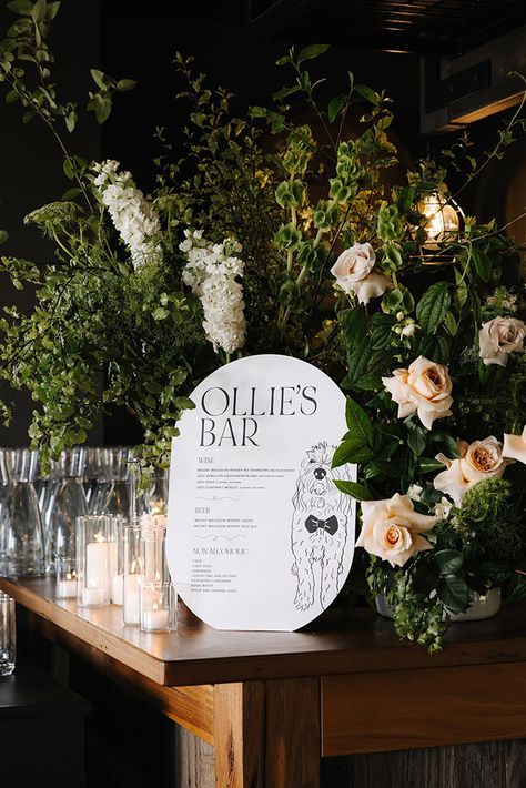 Hand drawn custom dog illustration on Wedding Bar Menu Sign •⁠ Photography Smith+Archer @smithandarcher Wedding Bar Signage, Wedding Cocktail Bar, Wedding Bar Menu Sign, Drawn Dog, Wedding Sign Decor, Bar Menu Sign, Instant Connection, Sign Photography, Reception Bar