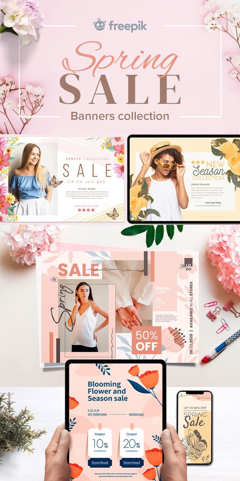 Spring sale banners Spring Website Banner, Spring Banner Design, Spring Sale Design, Luxury Newsletter, Spring Templates, Spring Sale Poster, Bridal Banner, Easter Poster Design, Cosmetic Advertising