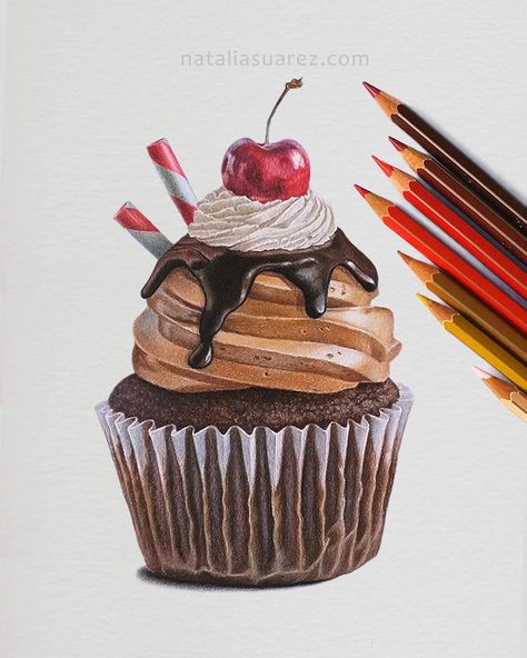 Detailed Pictures To Draw, Realistic Dessert Drawing, Realistic Drawings Pencil Color, Cupcake Pencil Drawing, Realistic Cupcake Drawing, Drawings Of Cupcakes, Color Pencil Realistic Drawing, Food Pencil Drawings, Realistic Sketches Objects