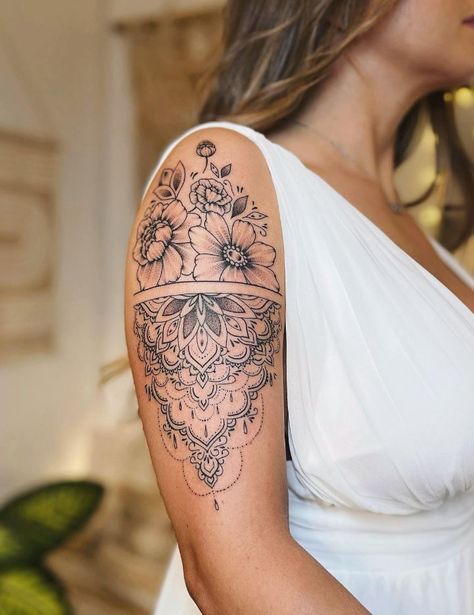 The Best Ornamental Tattoos Of All Time - TheTatt Ornamental Half Sleeve Tattoos For Women, Half Sleeve Tattoos For Women Upper Arm Mandala, Sleeve Tattoos For Girls, Half Sleeve Tattoo Design, Upper Shoulder Tattoo, Half Mandala Tattoo, Tattoo Fillers, Tattoo Friends, Name Tattoos On Arm