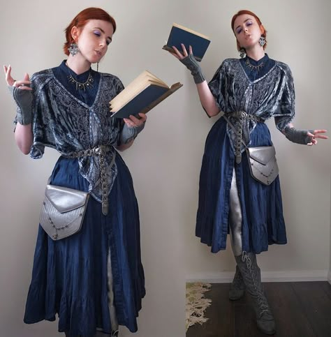 Mage Fantasy Outfit, Blue Wizard Robe, Blue Renfaire Outfit, Modern Steampunk Outfits, Modern Mage Outfit, Blue And Blue Outfit, Blue Ren Faire Outfit, Cold Fantasy Clothes, Dragon Rider Clothes