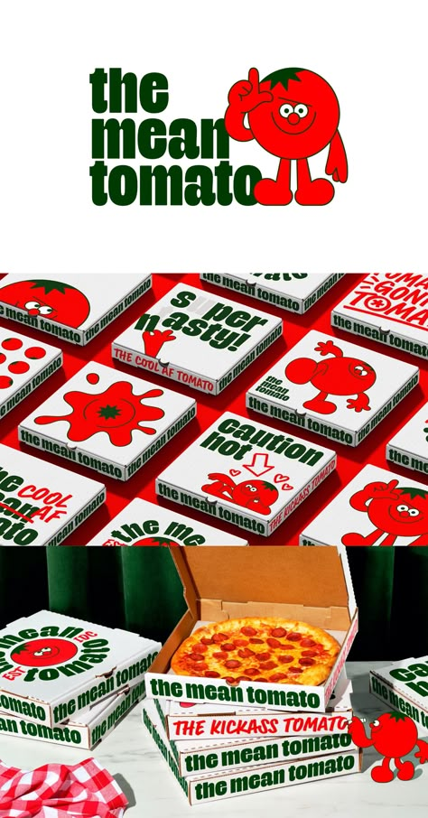 Pizza Package Design, Pizza Box Packaging Design, Pizza Boxes Design, Old School Branding, Pizza Shop Branding, Vegan Food Branding, Fun Food Branding, Pizza Branding Identity, Tomato Packaging Design