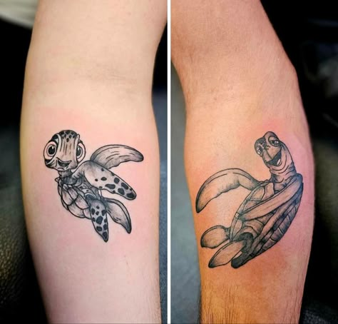 Crush From Finding Nemo Tattoos, Turtle From Nemo Tattoo, Father Daughter Dragon Tattoos, Father Daughter Disney Tattoos, Crush Nemo Tattoo, Character Couple Tattoos, Best Friend Funny Tattoos, Crush Turtle Tattoo, Finding Nemo Turtle Tattoo