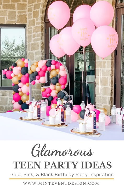 13 Birthday Party Decoration Ideas, Teen Birthday Decoration Ideas, Pink Teen Birthday Party, Pink 13th Birthday Party Ideas, 13 Year Girl Birthday Party Ideas, Teen Party Decorations, Pink And Black Birthday Party Decoration, Birthday Party Table Set Up, 13th Birthday Party Ideas For Girls 13