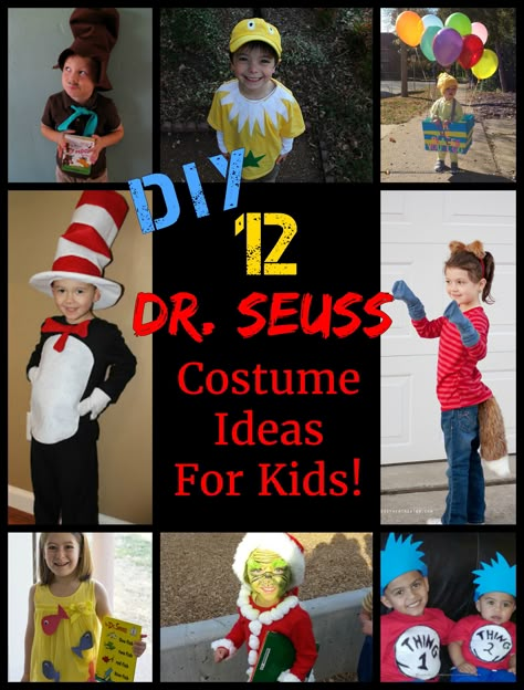 12 DIY Dr. Seuss Costume Ideas for Kids! Amazing Dr Seuss costumes kids will love to wear, and that are EASY for parents to make!   Cat in the Hat Costume, Thing 1 and Thing 2 Costumes, and more! Dr Seuss Costume Ideas, Dr Seuss Diy Costumes, Dr. Seuss Costumes, Dr Suess Characters, Seuss Costumes, Dr Seuss Costumes, Dr Suess Week, Dr Seuss Characters, Botton Down Dress