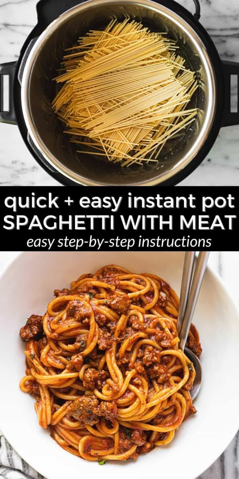 Super Easy Instant Pot Spaghetti with Meat Sauce Easy Instant Pot Spaghetti, Instant Pot Spaghetti And Meatballs, Italian Sausage Spaghetti, Pressure Cooker Spaghetti, Easy Garlic Bread Recipe, Meatballs Dinner, Spaghetti And Meatballs Recipe, Spaghetti With Meat Sauce, Spaghetti With Meat