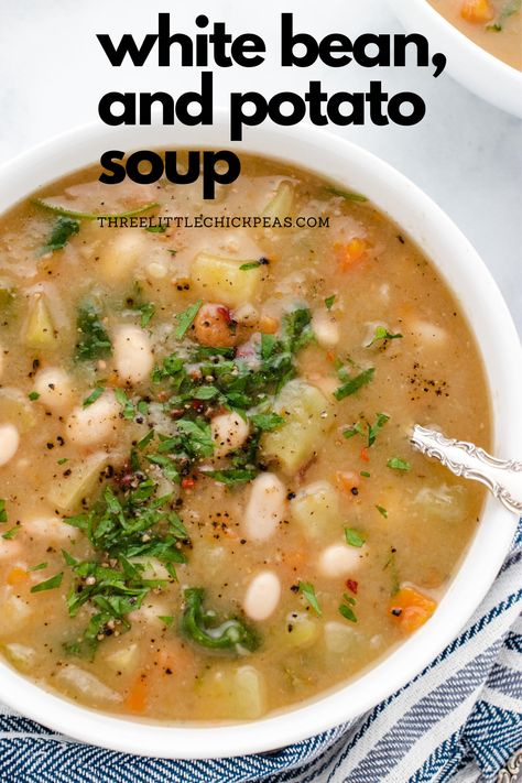 Creamy and flavor-packed white bean and potato soup with kale. White Bean Potato Soup, Potato Soup With Kale, Bean Potato Soup, Bean And Potato Soup, Soup With Kale, White Bean Soup Recipes, Bean Soup Recipes, White Bean Soup, Daniel Fast