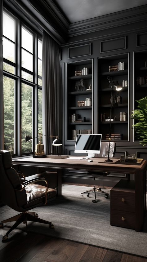 Dark Farmhouse Office, Contemporary Masculine Office, Modern Masculine Office Business, Men’s Office Desk, Masculine Offices, Masculine Executive Office, Modern Men’s Office, Mens Study Office Dark Walls, Men’s Office Ideas