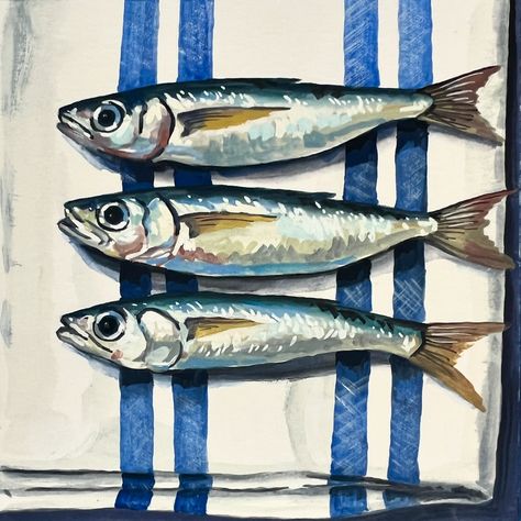 Three Sardines 🐟 Daily Painting Just posted in my online store (KateBirchArt.com) Link in bio! Gouache on paper Paper size 6x6 inches with small white border $125 *** please note for international orders a customs tax may be required upon delivery *** #gouachepainting #stilllifepainting #artistsoninstagram #painteveryday #colorfulart #gouache #dailypainting #dailyart #utahartist #makearteveryday #gouacheartist #art #painting #illustration #illustrationartist #artofinstagram Gouache Art Ideas, Sardine Watercolor, Sardines Aesthetic, Sardines Painting, Sardine Illustration, Sardine Painting, Fish Art Illustration, Sardine Print, Sardines Illustration