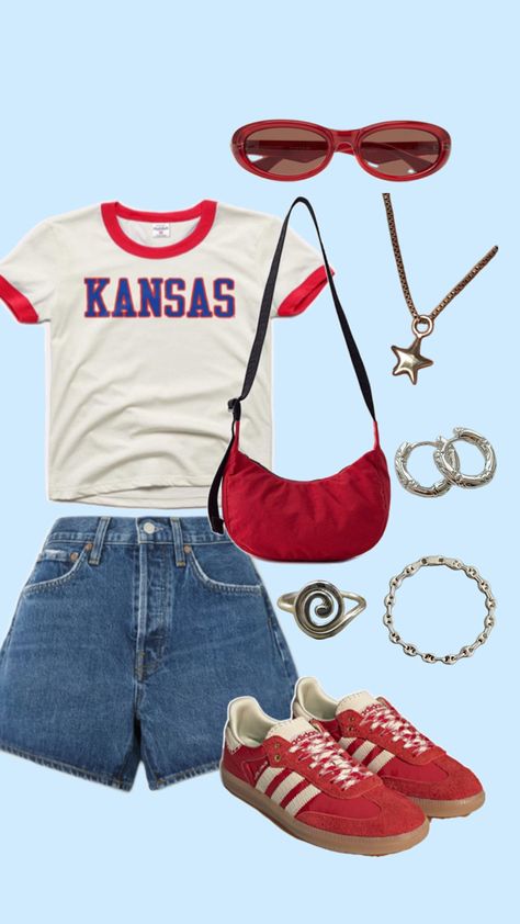 university of kansas, game day fit, red, sambas, baggu Ku Gameday Outfit, Ku Game Day Outfits, Kansas Aesthetic, Chiefs Game Day Outfit, Red Sambas, Game Day Fits, College Clothes, Chiefs Game, Outfit Retro