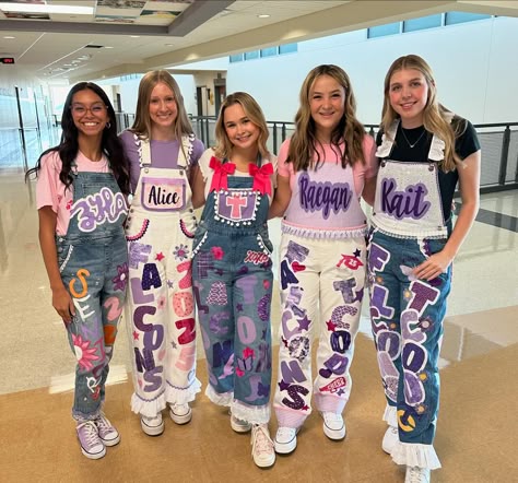 Senior season, senior game, senior night, senior overalls, pose inspo, diy overalls, photo inspo, digital camera, class of 2025, 2ENIOR5, overall inspo Overalls Hoco Ideas, Hoco Overalls Senior, Senior Overalls Ideas High Schools 2025, Senior Hoco Overalls, Spirit Overalls Homecoming, Senior Overalls 2025, Hoco Overalls Ideas, Senior Pants 2025, Overall Homecoming Ideas