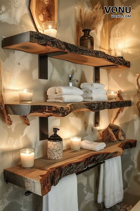 Rustic bathroom shelves made from natural live-edge wood, adorned with towels, candles, and decorative items, creating a warm and cozy atmosphere. Bathroom Rustic Shelves, Diy Wood Bathroom Decor, Wood Bathroom Aesthetic, Log Shelves Rustic, Small Bathroom Ideas Natural Wood, Hunters Bathroom Ideas, Unique Bathroom Shelves, Earthy Themed Bathroom, Rustic Wood Interior Design