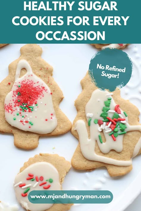 Organic Sugar Cookie Recipe, No Refined Sugar Christmas Cookies, Healthy Cutout Cookie Recipe, Clean Christmas Cookie Recipes, Healthy Royal Icing Recipe, Healthy Cookie Frosting, Healthy Christmas Cookies Clean Eating, Refined Sugar Free Christmas Desserts, Sugar Cookie Recipe Healthy