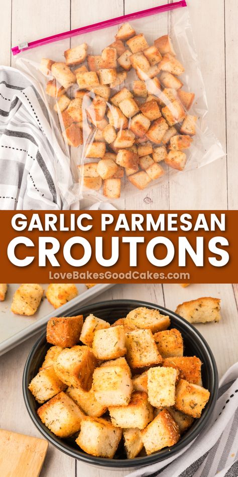 Garlic Parmesan Croutons pin collage Homemade Croutons Easy, Healthier Appetizers, Fingerfood Recipes, Parmesan Croutons, How To Make Croutons, Crouton Recipes, Baking Techniques, Leftover Recipes, Delicious Appetizers