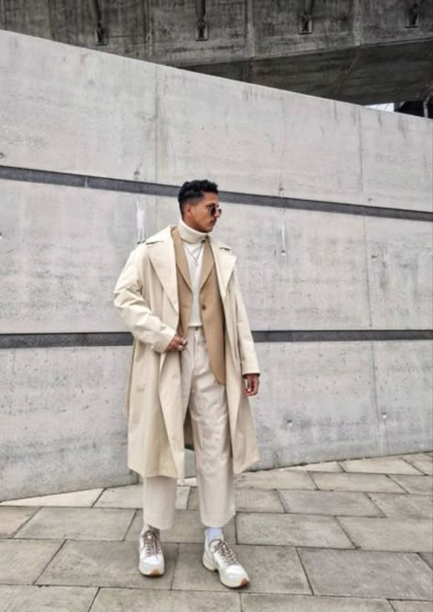 Mens White Turtleneck Outfit, Cream Mens Outfit, Streetwear Fashion Men Winter, White Turtle Neck Outfit, Winter Streetwear Outfits, Streetwear Winter Outfits, Winter Outfits Men Streetwear, Neutral Color Outfits, Chicos Fashion