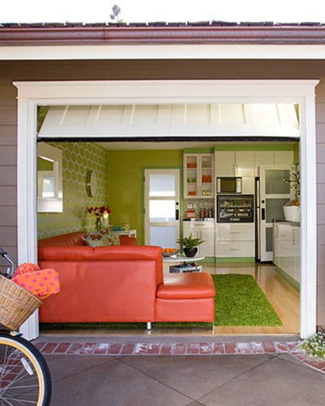 Garage = Family Hangout Space - Love your home, not enough space, change your garage into a family room. Garage Conversion To Family Room, Garage Loft Apartment, Remodel Garage, Garage Transformation, Garage To Living Space, Hangout Room, Converted Garage, Garage Loft, Garage Renovation