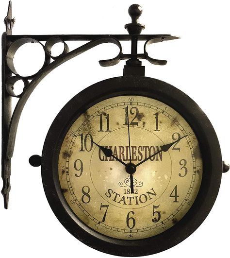 Amazon.com: Outdoor Double Sided Clock Novelty Thermometer Double Sided Hanging Clock for Patio, Garage, Outdoor Area Antique Thermometer Look Train Station Clock Two Sided Clock for Indoors/Outdoors : Patio, Lawn & Garden Train Station Clock, Outdoor Wall Clocks, Outdoor Clock, Analog Clock, Hanging Clock, Unique Clocks, Rustic Materials, Clock Decor, Round Wall Clocks