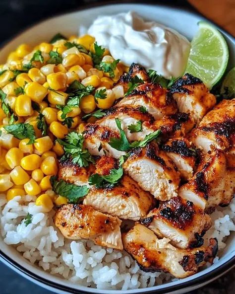 Zesty Street Corn Chicken Rice Bowl with Cilantro-Lime Rice Street Corn Chicken, Chicken Rice Bowl, Chicken Bowls, Corn Chicken, Healthy Bowls Recipes, Chicken Rice Bowls, Rice Bowls Recipes, Rice Dinner, Lunch Bowl