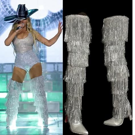 Beyonce Coachella Boots, Beyonce Cowboy Boots, Cowgirl Outfits Beyonce, Beyonce Denim Outfit, Diy Beyonce Outfit, Bling Boots Outfit, Beyonce Cowgirl Outfits, Diy Rhinestone Boots, Diy Cowgirl Boots