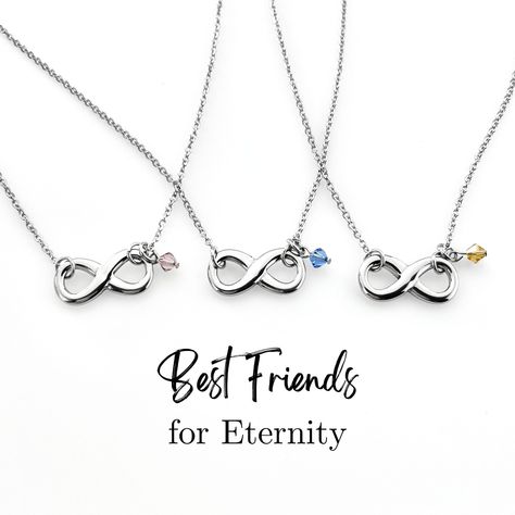 "Matching Infinity Necklaces with Genuine Czech Birthstone Option Adorable infinity necklaces are a timeless symbol of eternal friendship and love. These necklaces make a meaningful gift for yourself or those dear to you. They are sold individually for those who want to purchase just 1 necklace, but we offer incredible discounts when bought as a set of 2 or 3! These necklaces are VERY high quality, durable, and beautifully finished. The charms and chains are hypoallergenic, sturdy, and tarnish-r Necklace For 3 Best Friends, Best Friend Jewelry For 3, Necklace For Friends, Gift For 3 Best Friends, Friendship Necklaces For Four, 3 Friendship Necklaces, Bff Necklaces For 2 Best Friends, Matching Jewelry For 3 Best Friends, Best Friends Necklaces For 2