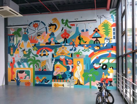 Mural Graphic Design, Classroom Mural Ideas, Kirchen Design, Community Mural, Illustration Mural, Office Mural, Pizza Art, Modern Mural, Mural Inspiration