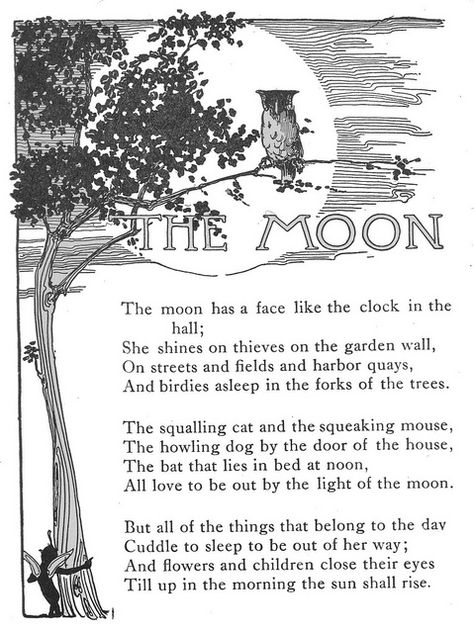 The Moon - Vintage illustration & poem from  “A Child’s Garden of Verses” by Robert Louis Stevenson. Illustrated by Myrtle Sheldon. M.A. Donohue and Co, 1916. Illustrated Poems, Vintage Poems, Poem Titles, Childrens Poems, Childrens Poetry, Poetry Unit, Halloween Stories, Shel Silverstein, Kids Poems